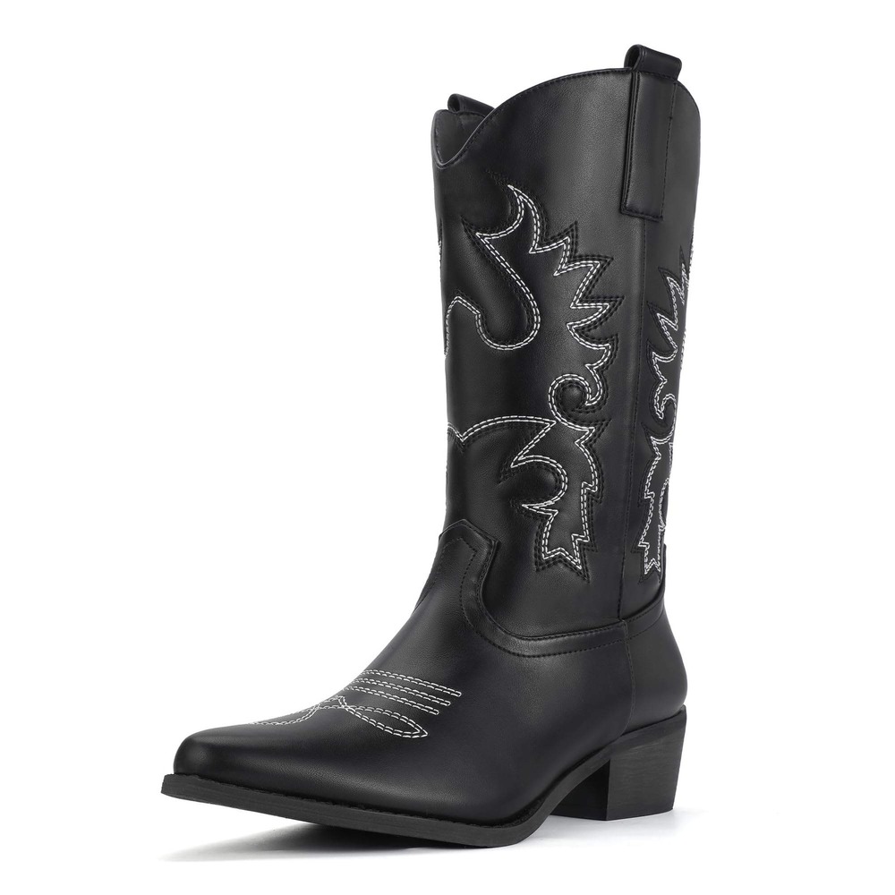 IDIFU Women's US 7 Black Cowboy Boots PU Leather Mid Calf Low Heel Embroidered